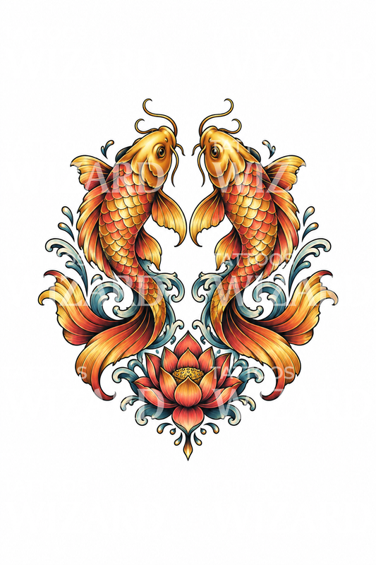 Buddhist Pair of Golden Fish with Lotus Tattoo