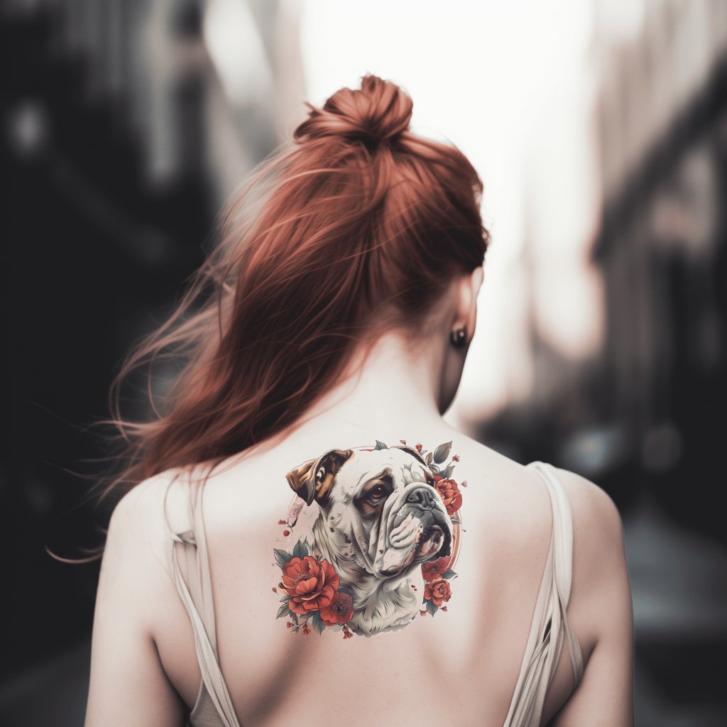 Conception de tatouage de portrait de bouledogue et de fleurs
