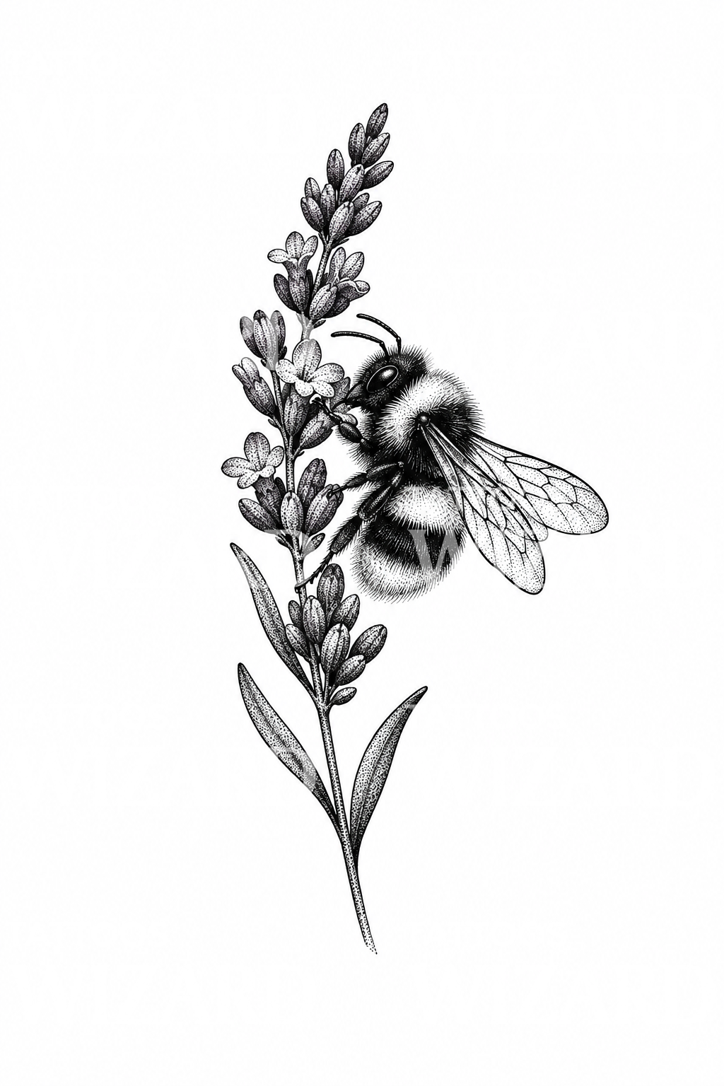 Dotwork-Tattoo-Design mit Hummel auf einem Lavendelzweig