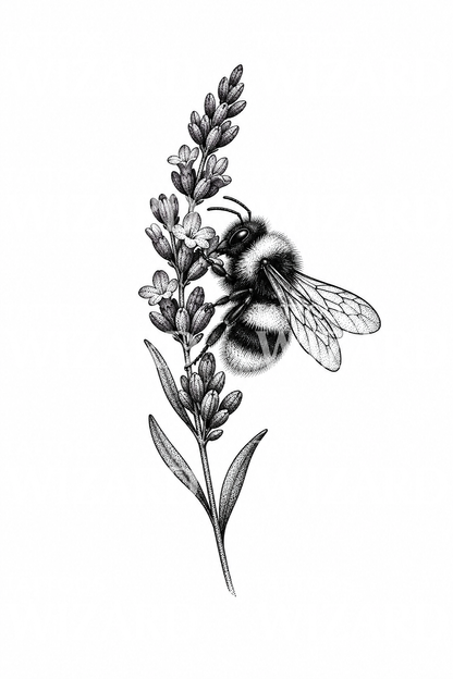 Dotwork-Tattoo-Design mit Hummel auf einem Lavendelzweig