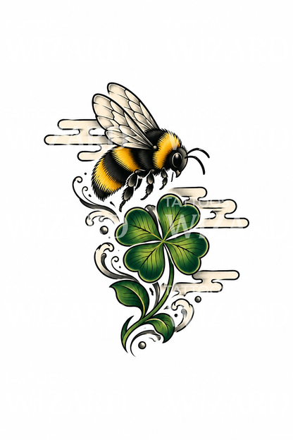 Hummel über vierblättrigem Kleeblatt im japanischen Stil