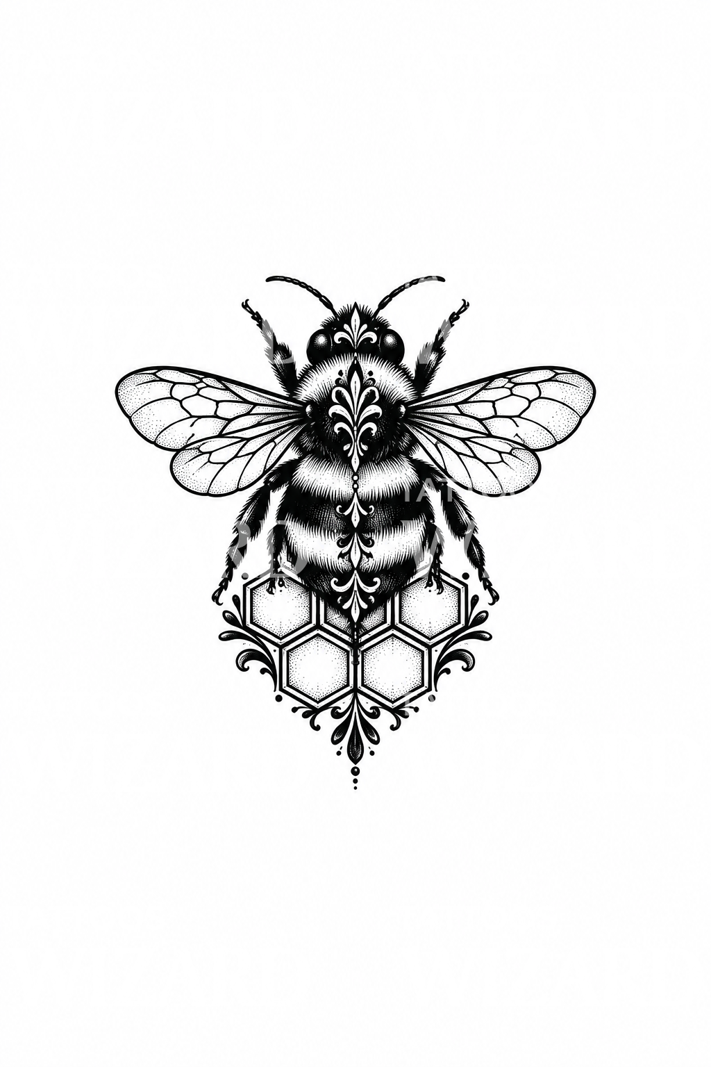 Tatuagem blackwork de um abelhão sobre um favo