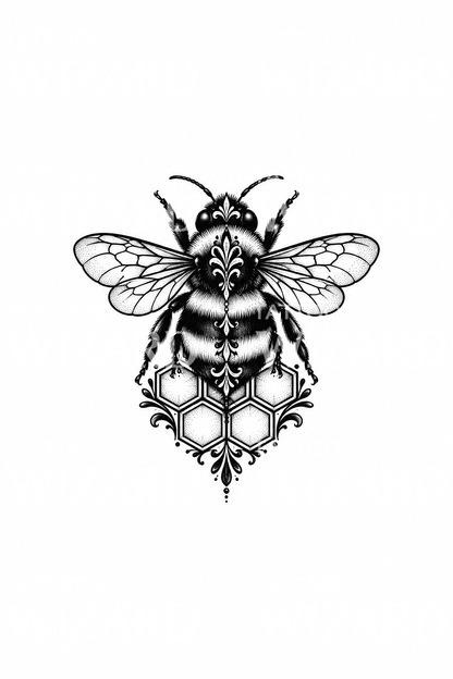 Tatuagem blackwork de um abelhão sobre um favo