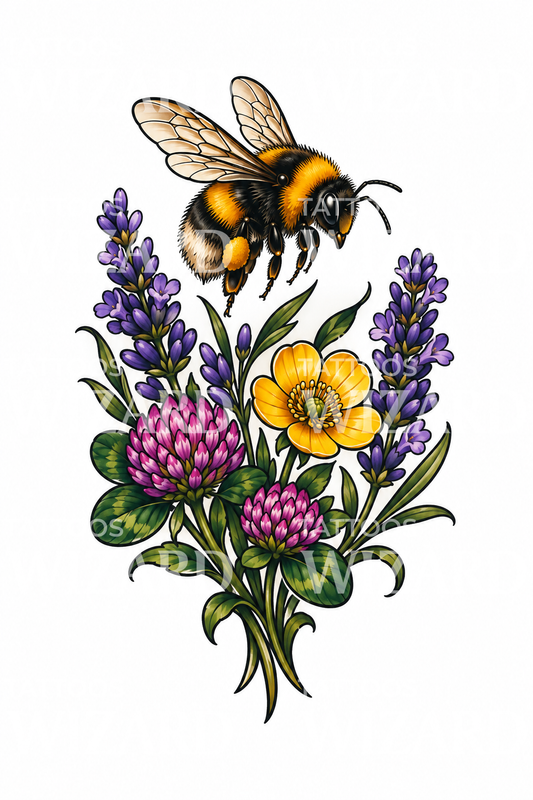 Tattoo-ontwerp van een hommel boven lavendel en klaver