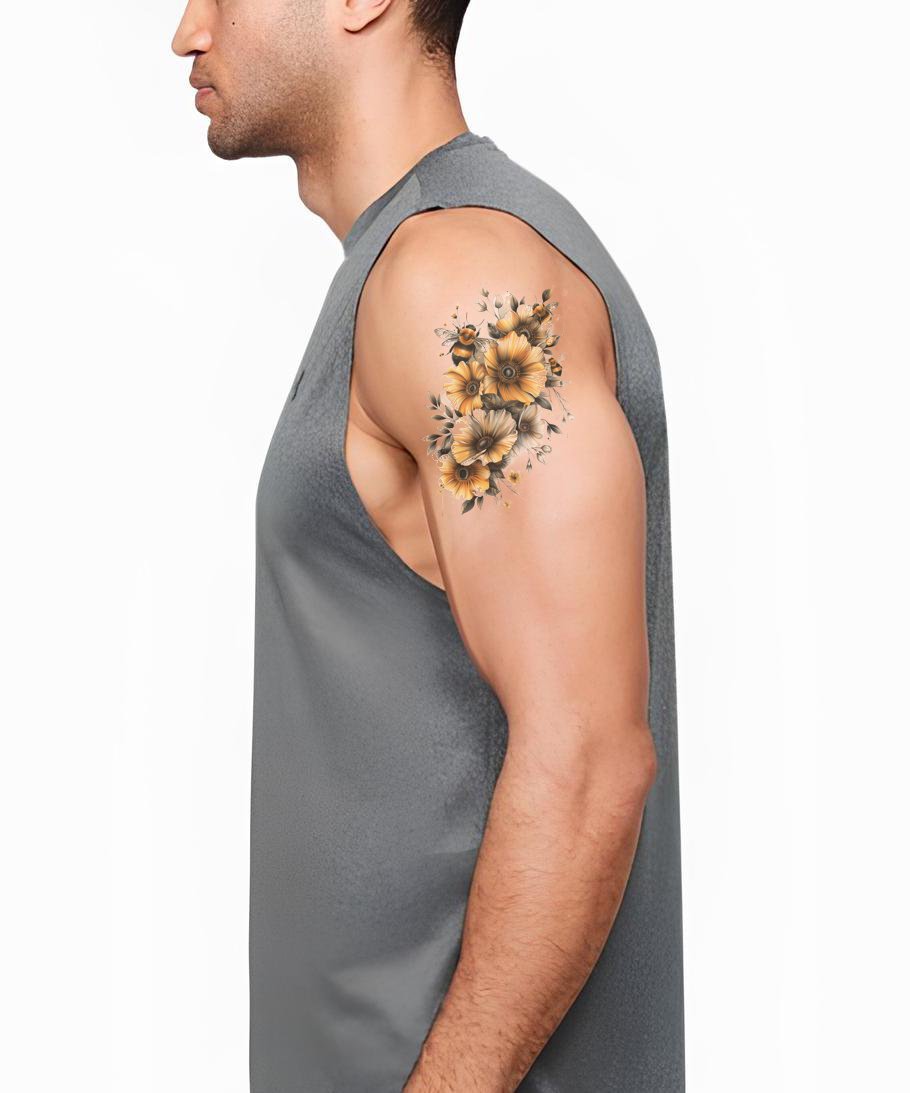 Conception de tatouage de bourdons et de fleurs jaunes