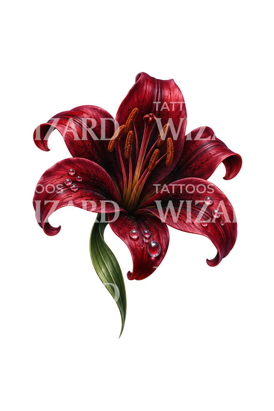 Burgundy Lily with Dewdrops Tattoo Design