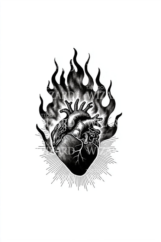 Burning Anatomical Heart Tattoo Design