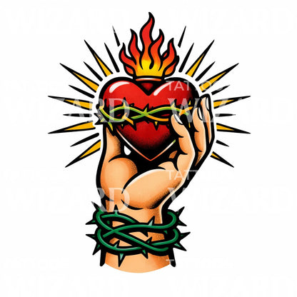 Burning Sacred Heart Tattoo Design