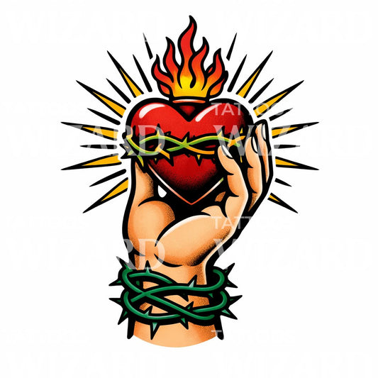 Burning Sacred Heart Tattoo Design