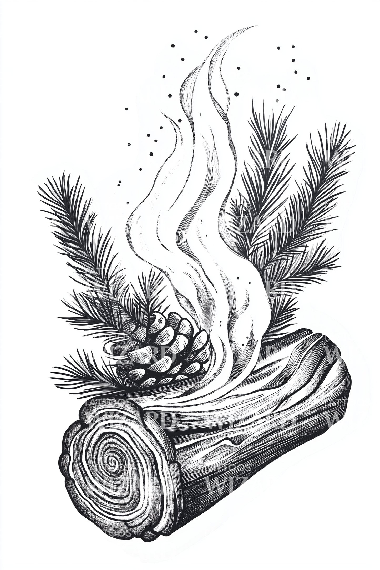 Burning Yule Log with Pines Tattoo Illustration