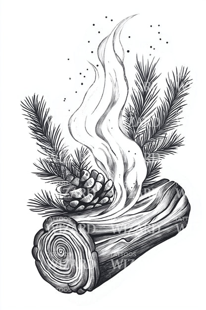 Burning Yule Log with Pines Tattoo Illustration