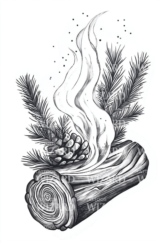 Burning Yule Log with Pines Tattoo Illustration