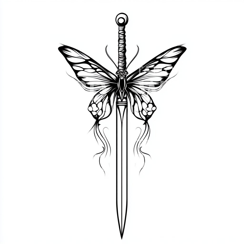 Butterfly and Dagger Tattoo Illustration with Elegant Lines