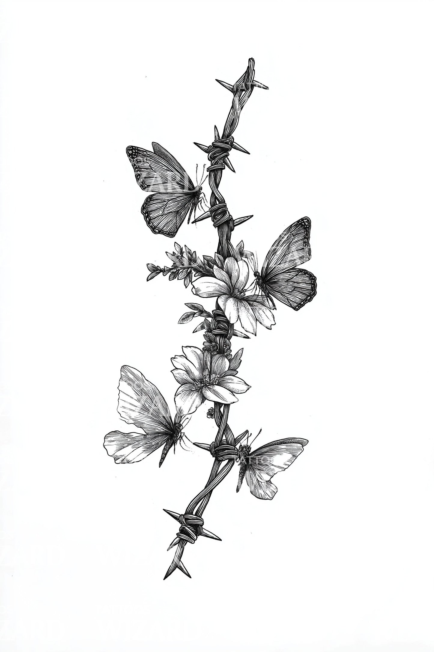 Illustrazione Tatuaggio Ramo di Farfalla in Fiore