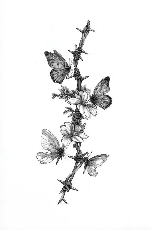 Butterfly Blossom Branch Tattoo Illustration