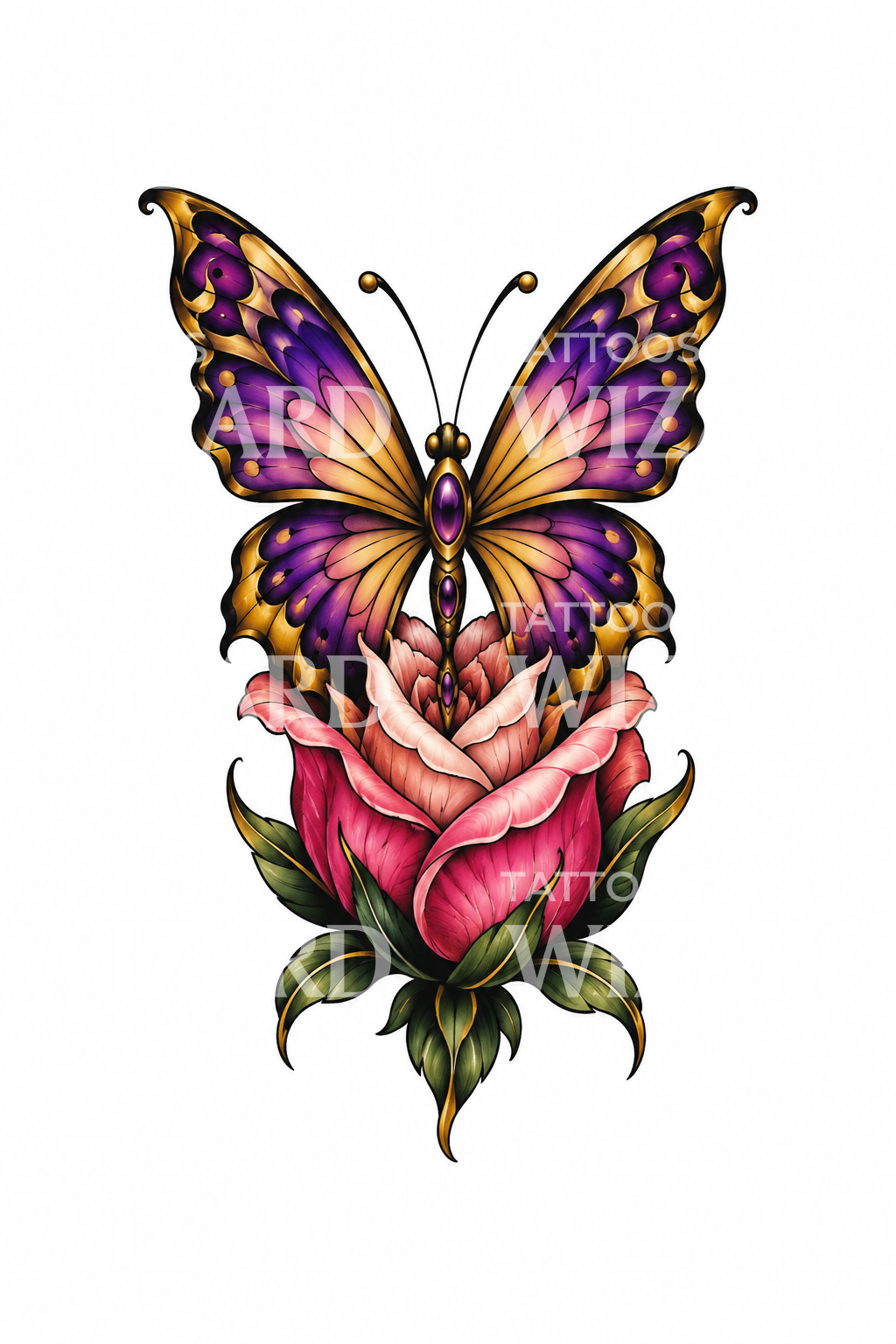 Tatuagem de borboleta a sair de um botão de rosa