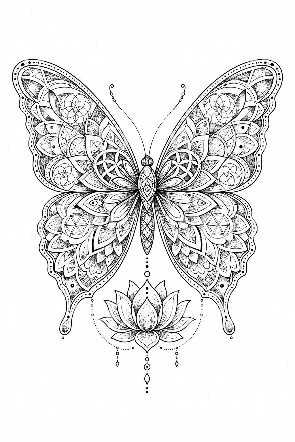 Desenho de tatuagem borboleta mandala com lótus