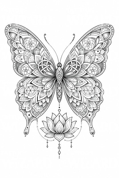 Desenho de tatuagem borboleta mandala com lótus