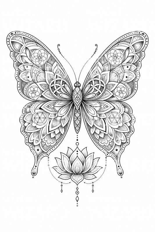 Desenho de tatuagem borboleta mandala com lótus