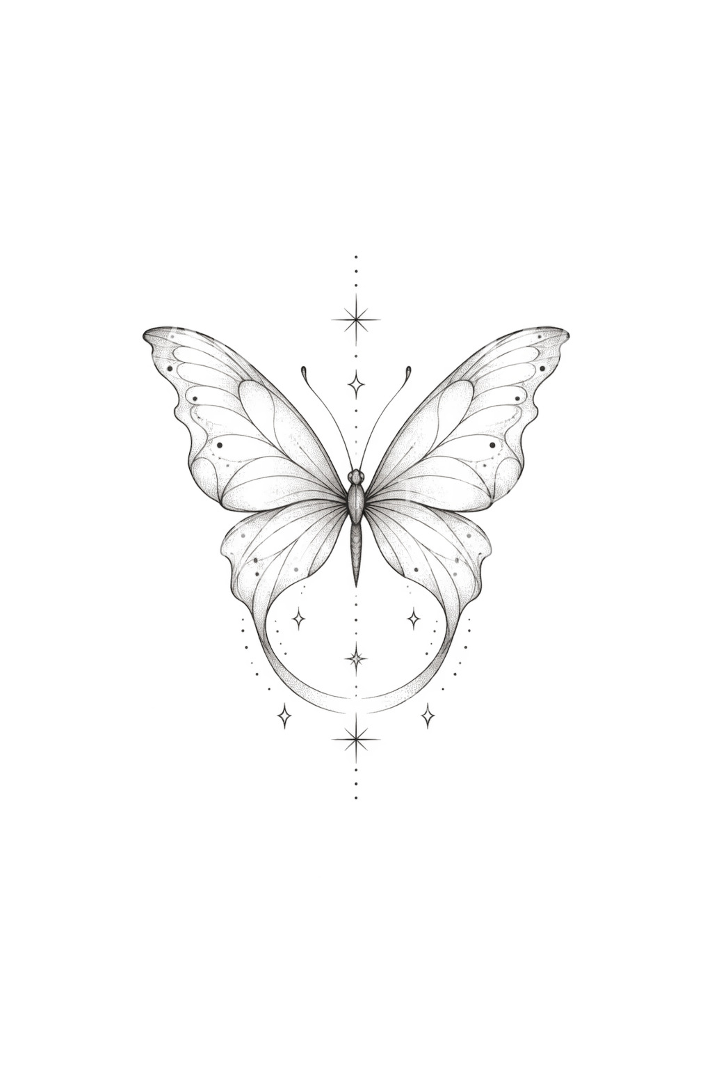 Butterfly with Crescent Moon Fine Line Tattoo