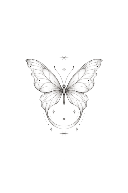 Butterfly with Crescent Moon Fine Line Tattoo