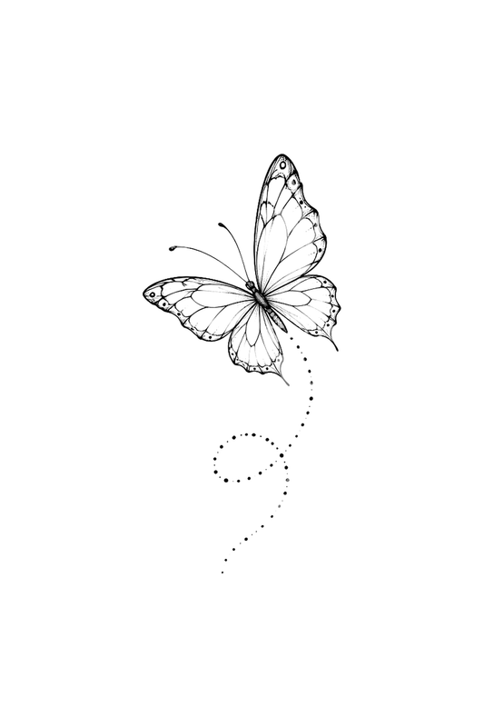 Schmetterling mit gepunkteter Flugbahn, Fine-Line-Tattoo