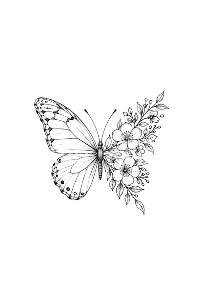 Farfalla con un’ala di fiori, tatuaggio fine line