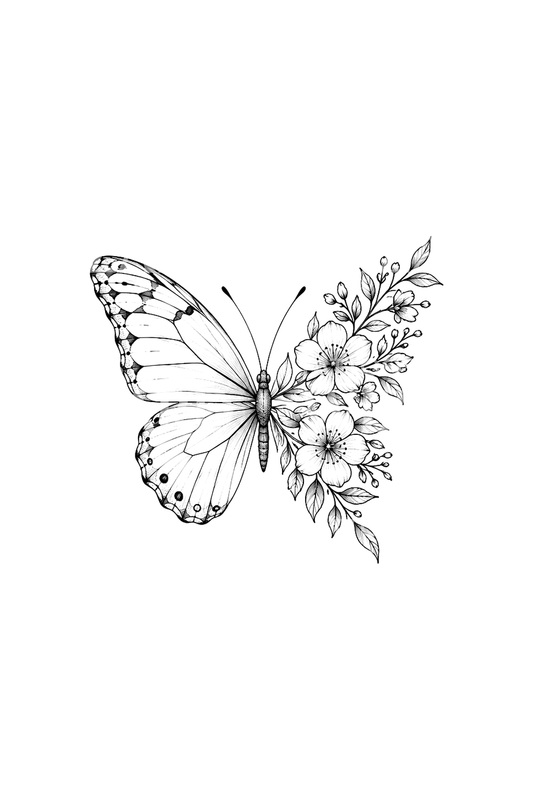Butterfly with One Wing of Flowers Fine Line Tattoo