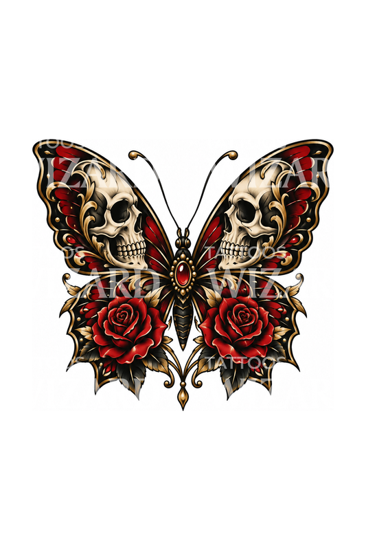 Schmetterling mit Totenkopfflügeln und roten Rosen Tattoo-Design