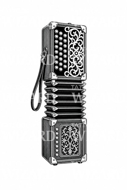 Černobílý blackwork návrh tetování s knoflíkovým akordeonem