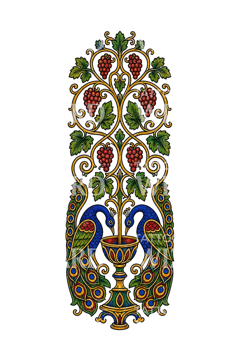 Tatoveringsillustrasjon med bysantinsk vinranke og påfuglpanel