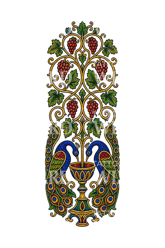 Tatoeage-illustratie met Byzantijnse wijnrank en pauwenpaneel