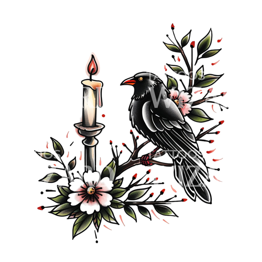Crow and Candle Old School Tattoo Design