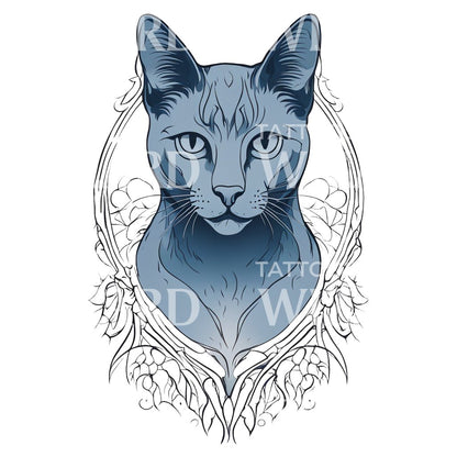 Russian Blue Cat with Floral Patterns Tattoo Design