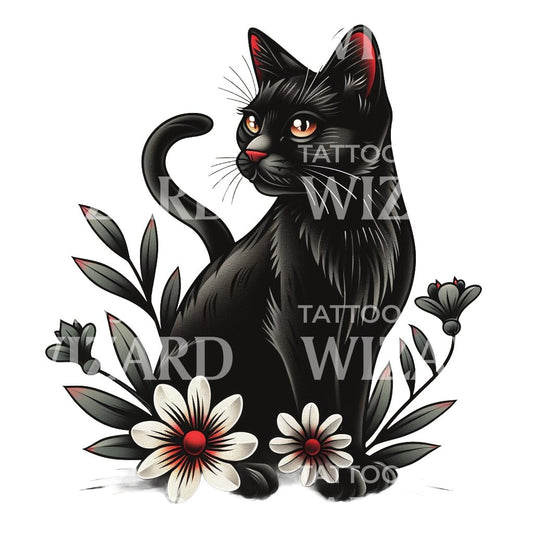 Cute Old School Black Cat Tattoo Design