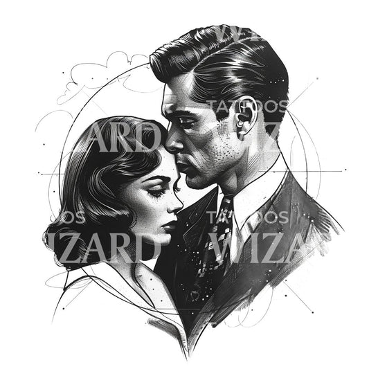 Vintage Couple Dotwork Tattoo Design