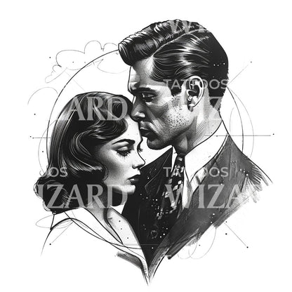Vintage Couple Dotwork Tattoo Design
