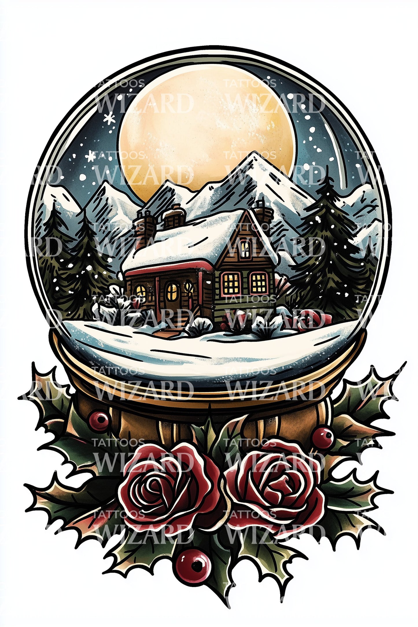 Cabin Snowglobe Scene Tattoo Design