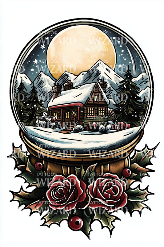 Cabin Snowglobe Scene Tattoo Design