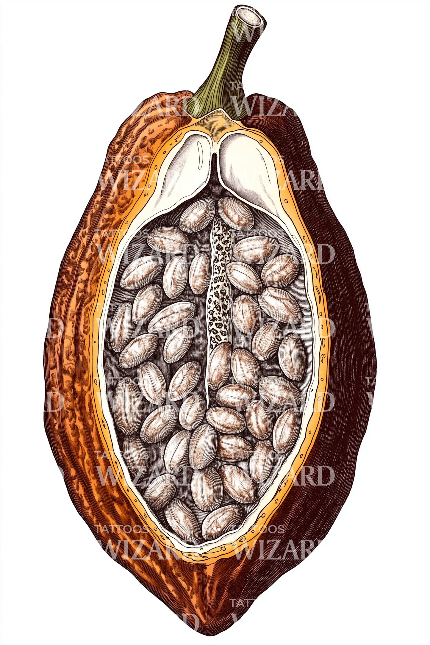 Cacao Pod Cutaway Tattoo Illustration