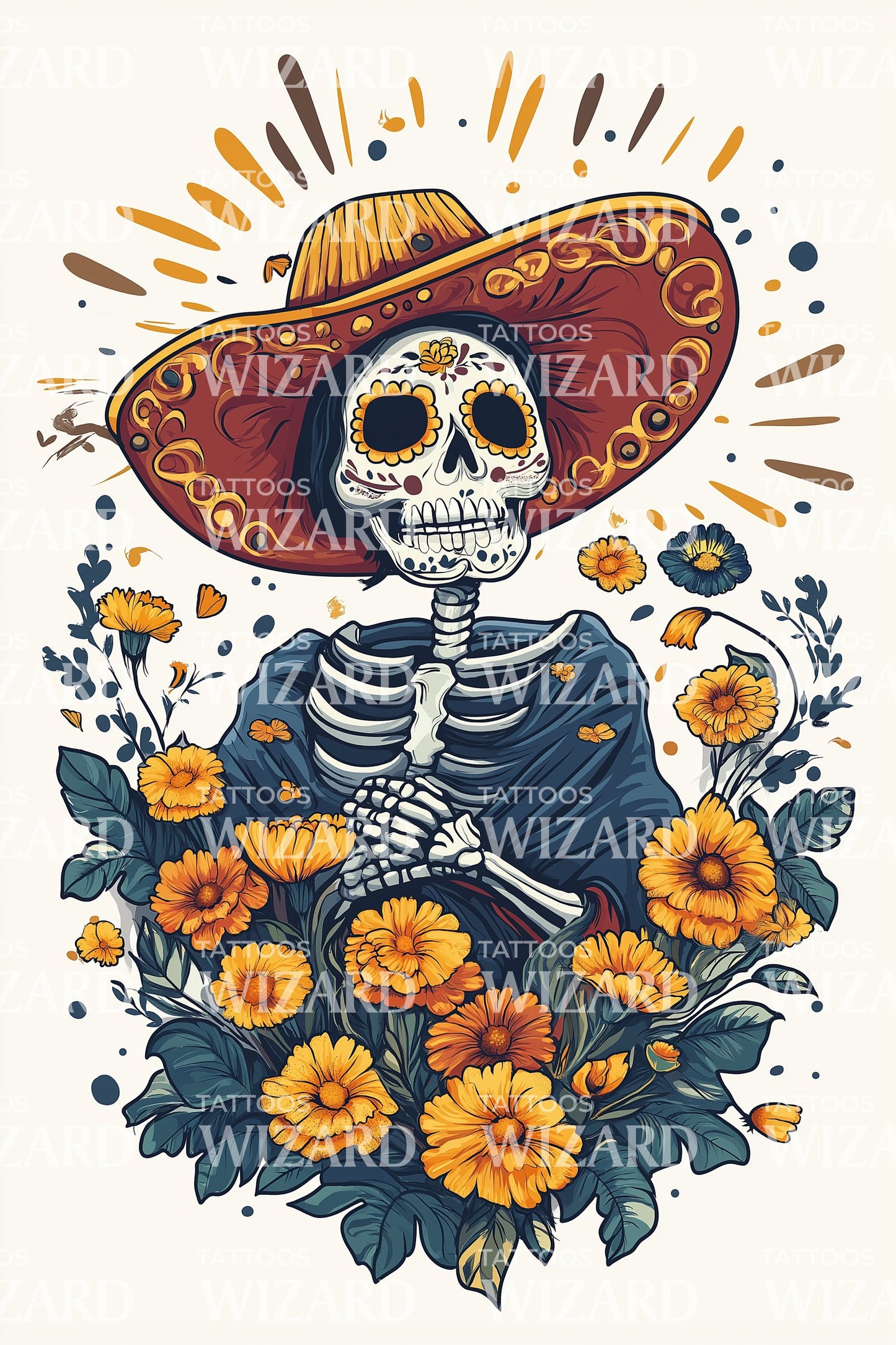 Calavera Ringblomma Fest Tatuering Design