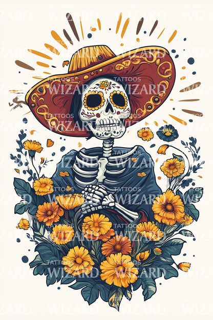 Calavera Marigold Celebration Tattoo Design