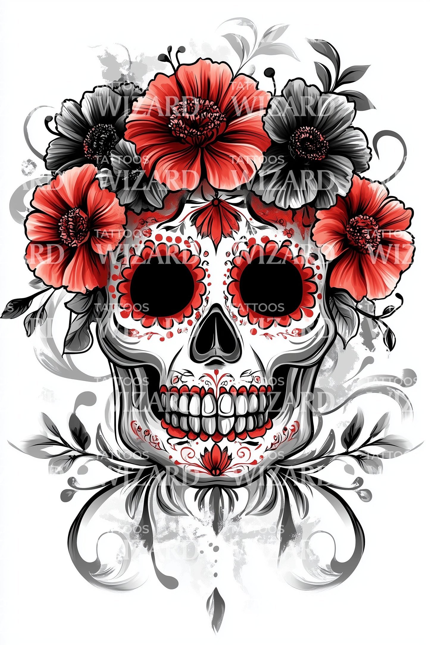 Calavera Scarlet Bloom Tattoo Design