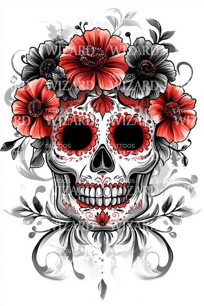 Calavera Scarlet Bloom Tattoo Design