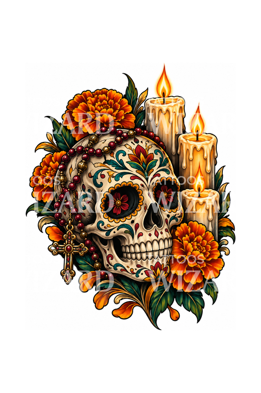 Ilustración de tatuaje Calavera Vigil con rosario y velas