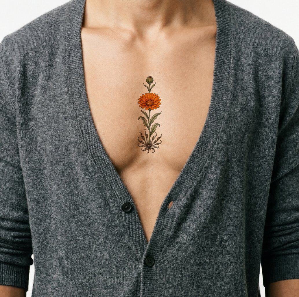 Tatovdesign med ringblomst og frø