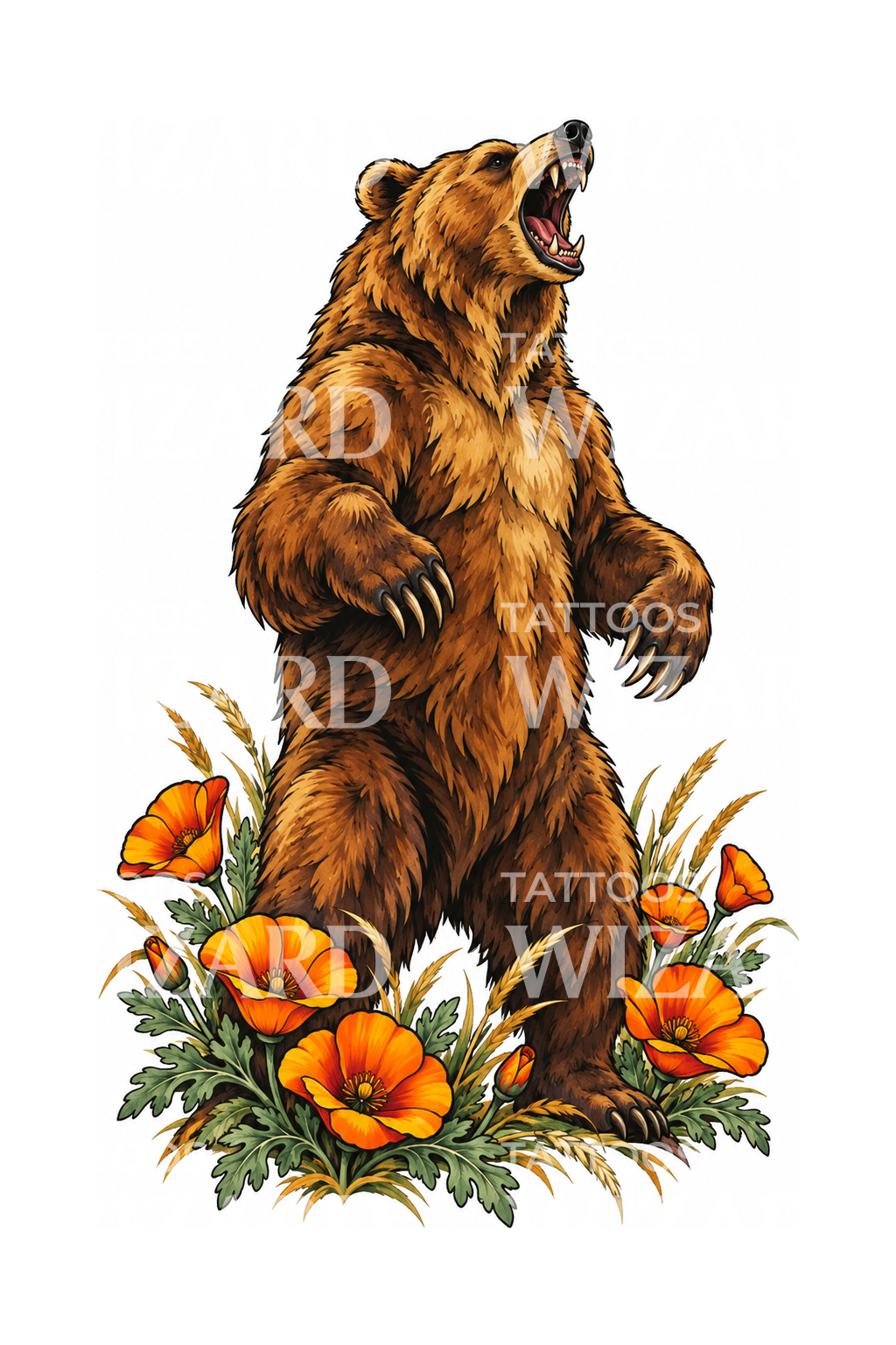 California Grizzly with Poppies Tattoo Design