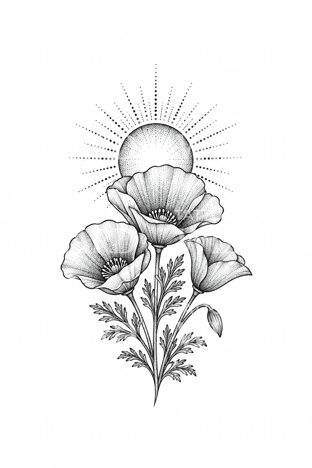 Californiske valmuer under opgående sol i dotwork