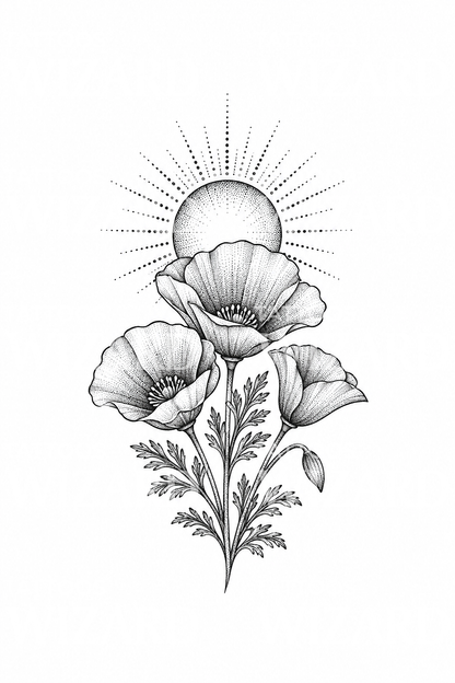 Californiske valmuer under opgående sol i dotwork