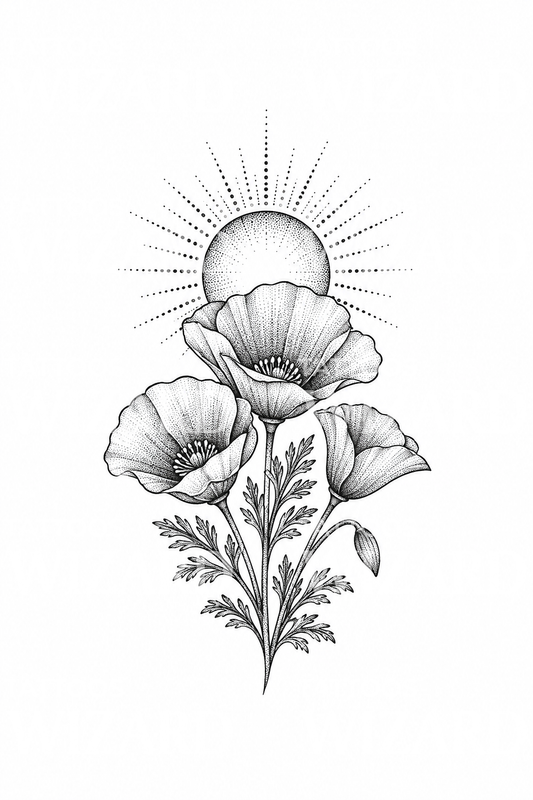Papaveri californiani sotto il sole nascente in dotwork
